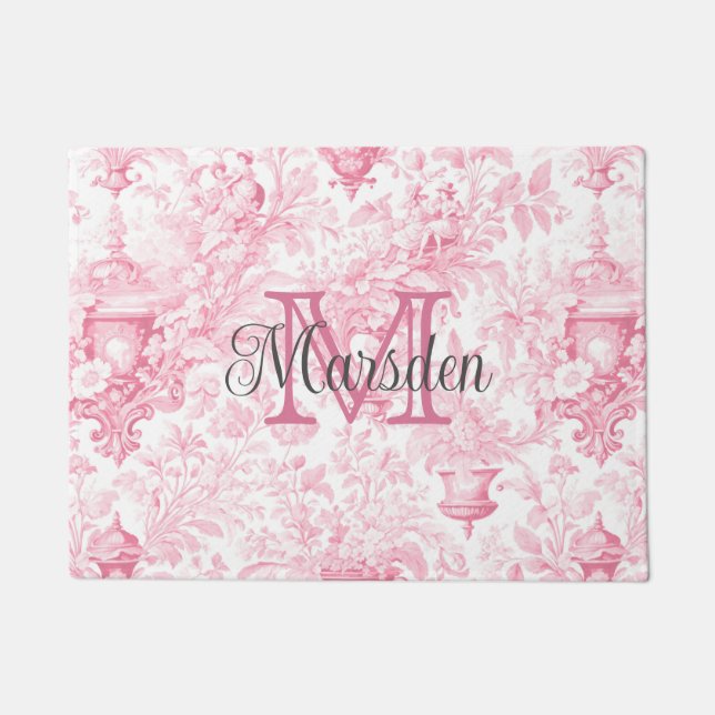 Pink French Toile de Jouy Monogram Initial Name Fußmatte (Vorderseite)