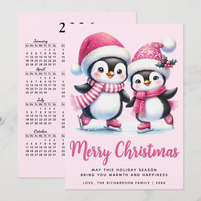 Pink Frohe Weihnachten Niedlich Ice Skaten Pinguin (Vorne/Hinten)