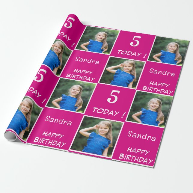 Pink Fuchsia 2 Foto Custom Happy Birthday Girl Geschenkpapier (Ungerollt)