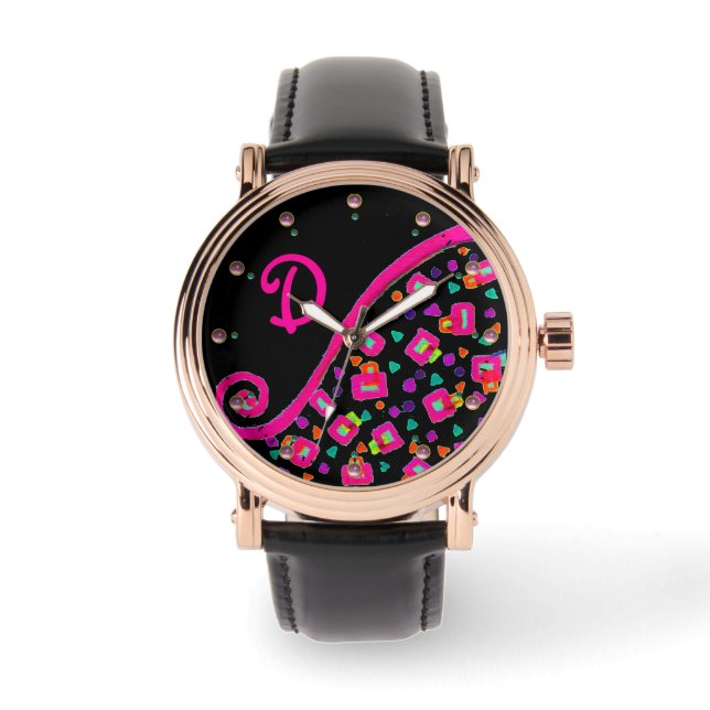 PINK FUCHSIA BLACK ABSTRAKT DEKO MONOGRAM ARMBANDUHR (Vorderseite)