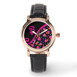 PINK FUCHSIA BLACK ABSTRAKT DEKO MONOGRAM ARMBANDUHR