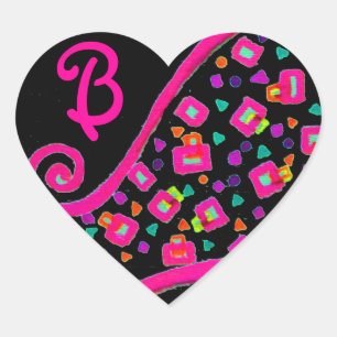 PINK FUCHSIA BLACK ABSTRAKT DEKO MONOGRAM Herz-Aufkleber