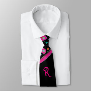 PINK FUCHSIA BLACK ABSTRAKT DEKO MONOGRAM KRAWATTE