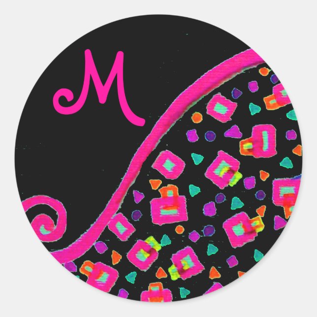 PINK FUCHSIA BLACK ABSTRAKT DEKO MONOGRAM RUNDER AUFKLEBER (Vorderseite)