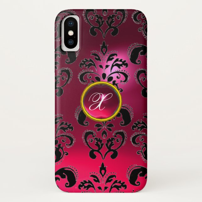 PINK FUCHSIA BLACK DAMASK GEMSTONE MONOGRAMM Case-Mate iPhone HÜLLE (Rückseite)