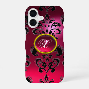 PINK FUCHSIA BLACK DAMASK GEMSTONE MONOGRAMM iPhone 16 HÜLLE