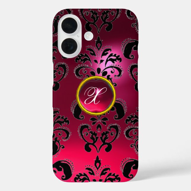PINK FUCHSIA BLACK DAMASK GEMSTONE MONOGRAMM iPhone 16 HÜLLE (Rückseite)