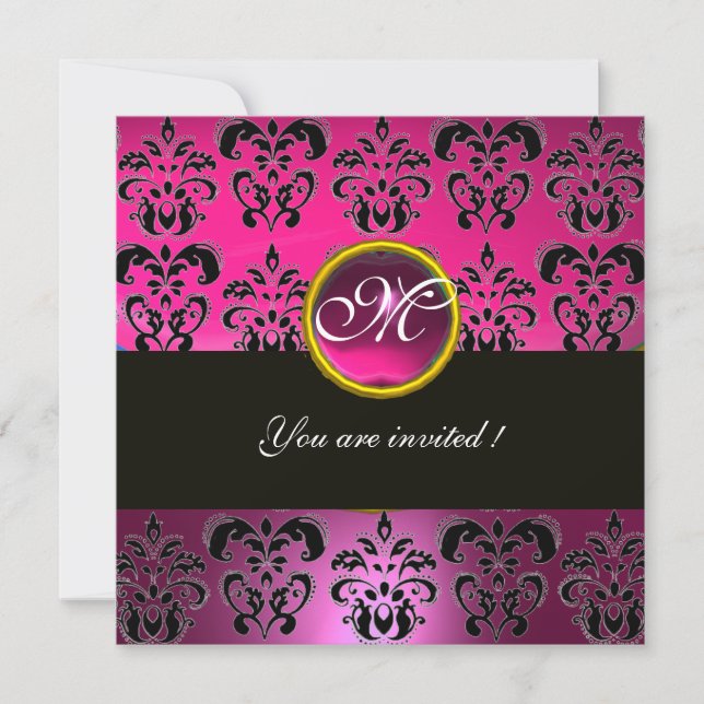 PINK FUCHSIA BLACK DAMASK MONOGRAM, Amethyste Einladung (Vorderseite)