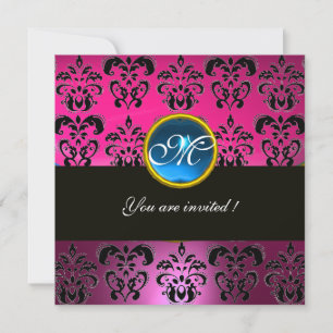 PINK FUCHSIA BLACK DAMASK MONOGRAM, blauer Saphir Einladung