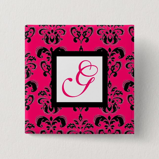 PINK FUCHSIA DAMASK WHITE SQUARE MONOGRAMM BUTTON (Vorderseite)