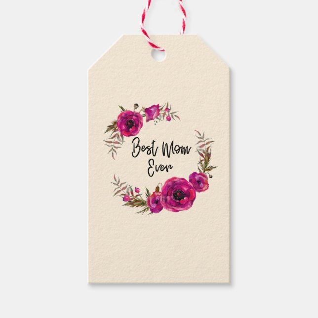 Pink Fuchsia Floral Poppies Wreath Beste Mama je Geschenkanhänger (Vorderseite)