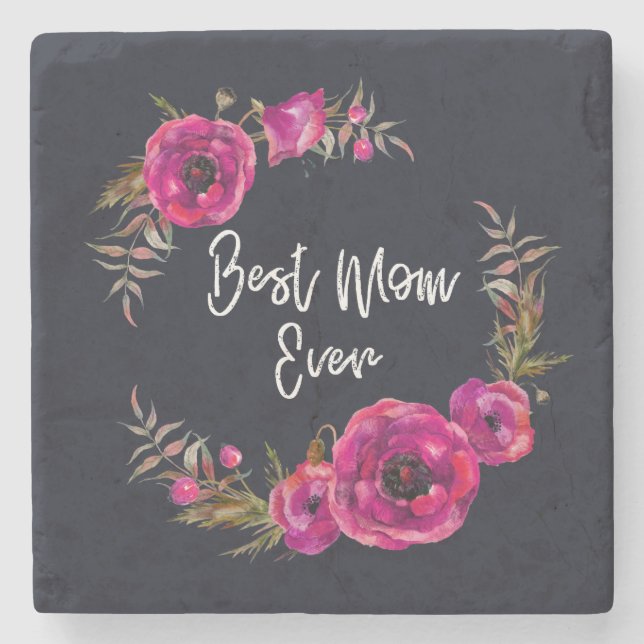 Pink Fuchsia Floral Poppies Wreath Beste Mama je Steinuntersetzer (Vorderseite)