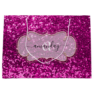 Pink Fuchsia Gerahmt Royal Monogram Name Glitzer Große Geschenktüte