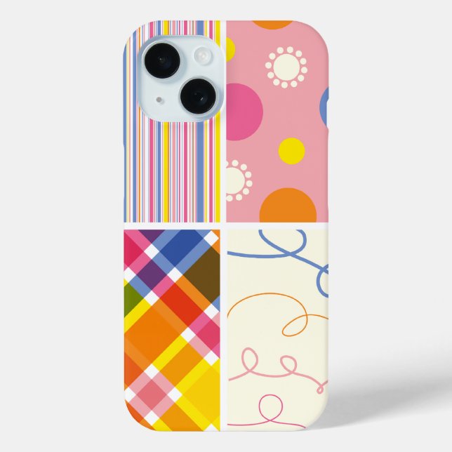 Pink Fuchsia Kariert Stripes Dots Scribbles Muster iPhone 15 Hülle (Rückseite)