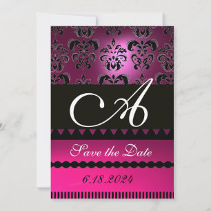 PINK FUCHSIA LILA DAMASK MONOGRAMM Black Save The Date