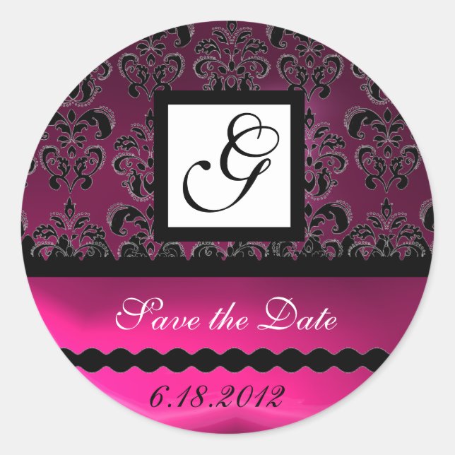 PINK FUCHSIA LILA DAMASK SQUARE MONOGRAM, violett Runder Aufkleber (Vorderseite)