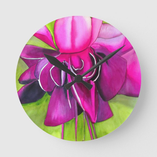 Pink Fuchsia pop art watercolour flower Runde Wanduhr (Vorderseite)