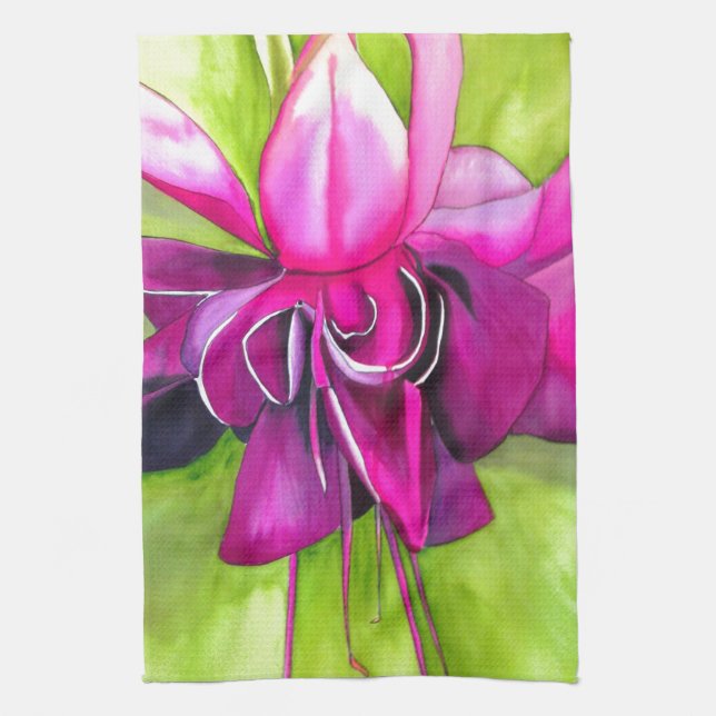 Pink Fuchsia Pop Kunst Aquarell Blume Geschirrtuch (Vertikal)