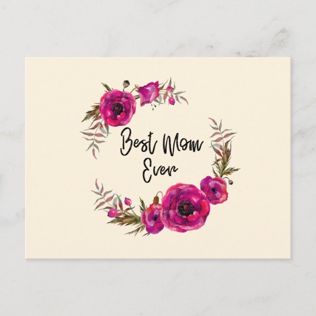 Pink Fuchsia Poppy Wreath Beste Mama je Postkarte (Vorderseite)