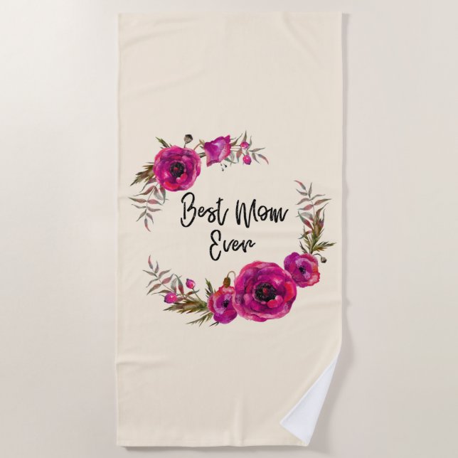 Pink Fuchsia Poppy Wreath Beste Mama je Strandtuch (Vorderseite)