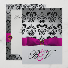 PINK FUCHSIA RIBBON SILVER SCHWARZES DAMASK-MONOGR EINLADUNG