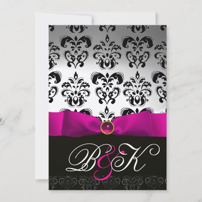 PINK FUCHSIA RIBBON WHITE BLACK DAMASK MONOGRAM EINLADUNG (Vorderseite)