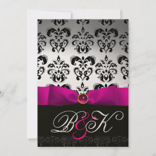 PINK FUCHSIA RIBBON WHITE BLACK DAMASK MONOGRAM EINLADUNG