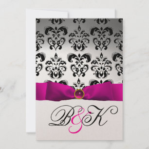 PINK FUCHSIA RIBBON WHITE BLACK DAMASK MONOGRAM EINLADUNG