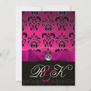 PINK FUCHSIA RIBBON WHITE BLACK DAMASK MONOGRAM EINLADUNG