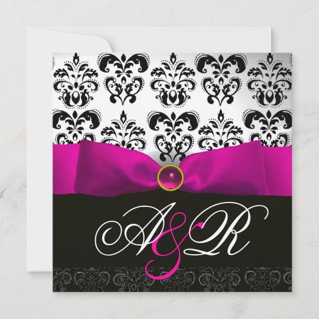 PINK FUCHSIA RIBBON WHITE BLACK DAMASK MONOGRAM EINLADUNG (Vorderseite)