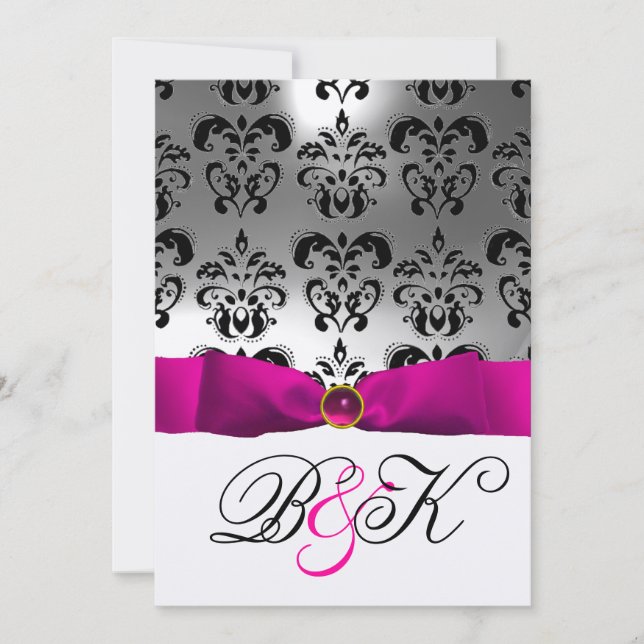 PINK FUCHSIA RIBBON WHITE BLACK DAMASK MONOGRAM EINLADUNG (Vorderseite)