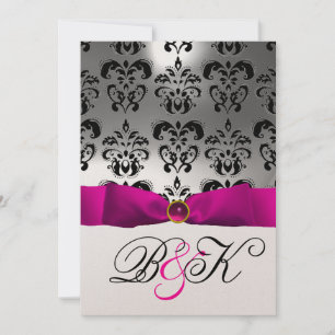 PINK FUCHSIA RIBBON WHITE BLACK DAMASK MONOGRAM EINLADUNG