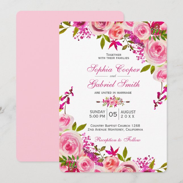 Pink Fuchsia Rose Botanische Blumenhochzeit Einladung (Vorne/Hinten)