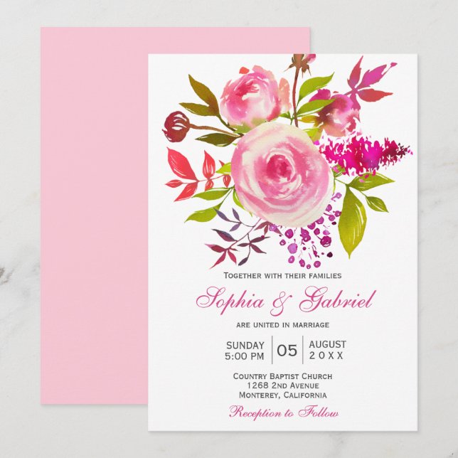 Pink Fuchsia Rose Botanische Blumenhochzeit Einladung (Vorne/Hinten)