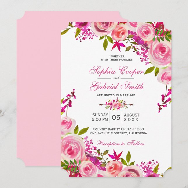 Pink Fuchsia Rose Botanische Blumenhochzeit Einladung (Vorne/Hinten)