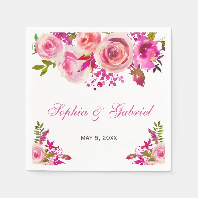 Pink Fuchsia Rose Botanische Blumenhochzeit Serviette (Vorderseite)