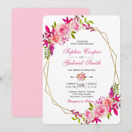 Pink Fuchsia Rose Floral | Gold Frame Wedding Einladung