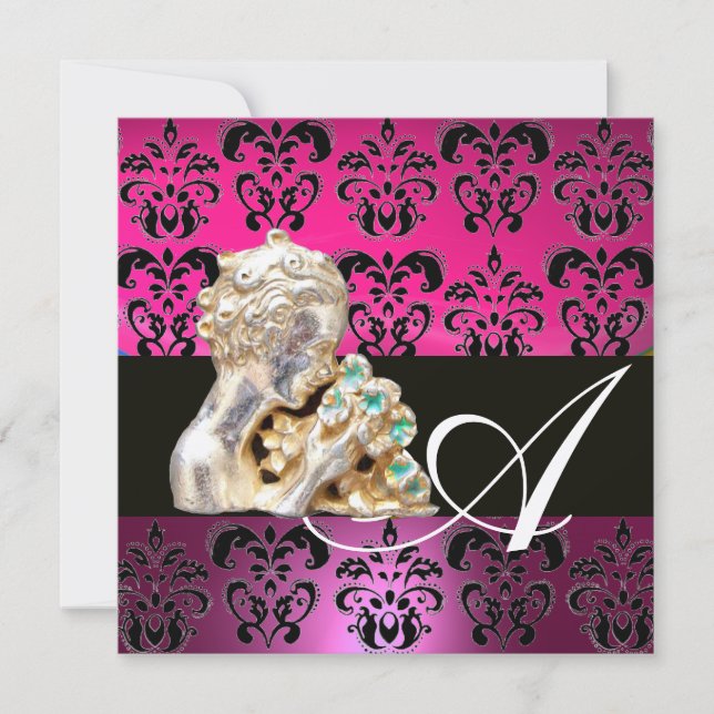 PINK, FUCHSIA, SCHWARZ, LILA, DAMASK JEWEL MONOGRA EINLADUNG (Vorderseite)