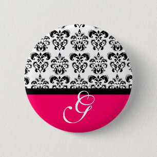 PINK FUCHSIA SCHWARZ-WEISS DAMASK WEDING MONOGRAM BUTTON