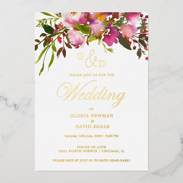 Pink Fuchsia  Wedding   Real Gold Foil Invitation Folieneinladung (Vorderseite)