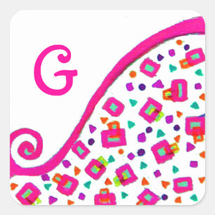 PINK FUCHSIA WHITE ABSTRAKT DEKO MONOGRAM QUADRATISCHER AUFKLEBER