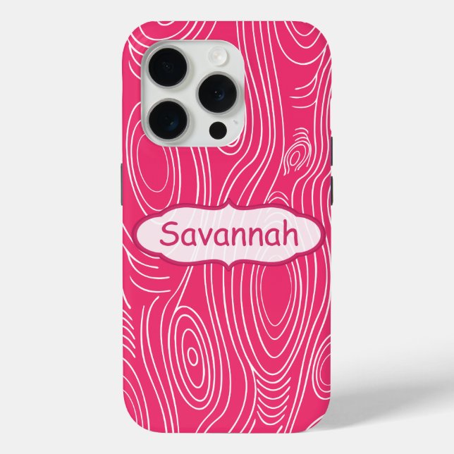 Pink Fuchsia Woodgrain Personalisiertes iPhone 15 Pro Hülle (Rückseite)