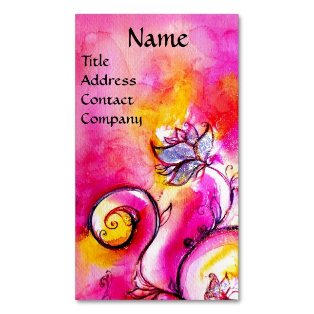 PINK FUCHSIA YELLOW WHIMSICAL BLUME MAGNETISCHE VISITENKARTE (Vorderseite Vertikal)