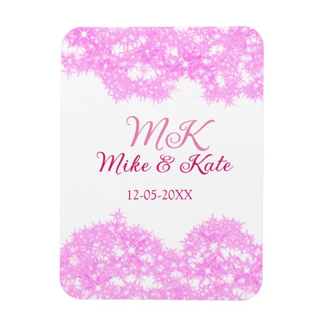Pink fügen Sie Pärchennamen Datum monogramm Glitze Magnet (Vertikal)