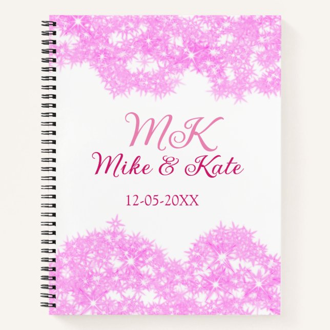 Pink fügen Sie Pärchennamen Datum monogramm Glitze Notizbuch (Vorderseite)