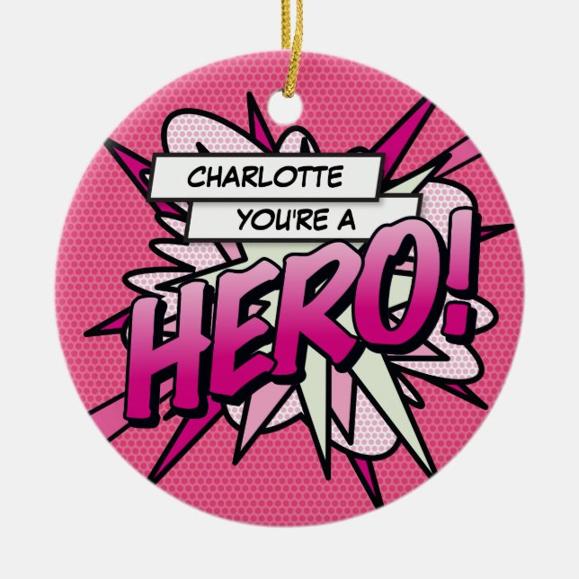 Pink Fun Comic Buch HERO Foto Personalisiert Keramik Ornament (Vorne)