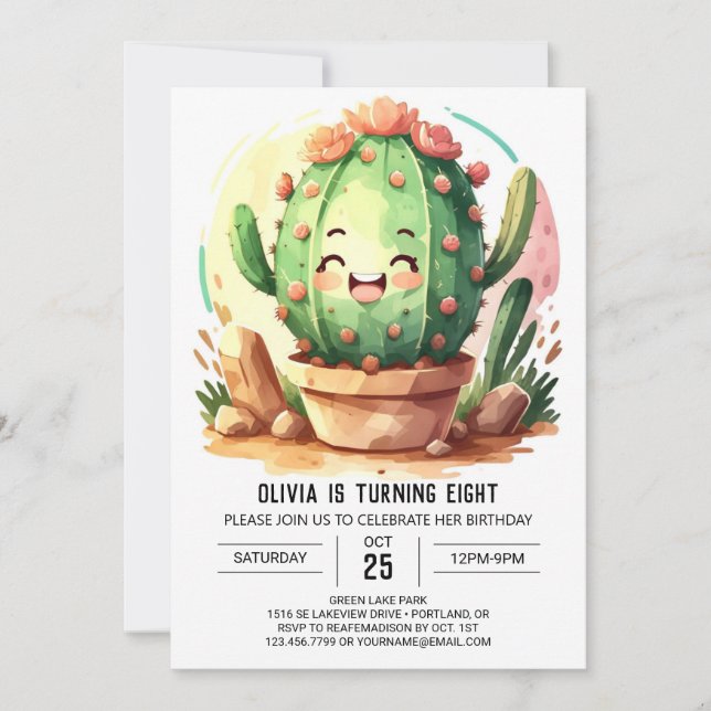 Pink Fun Girly Cactus Girl Birthday Einladung (Vorderseite)