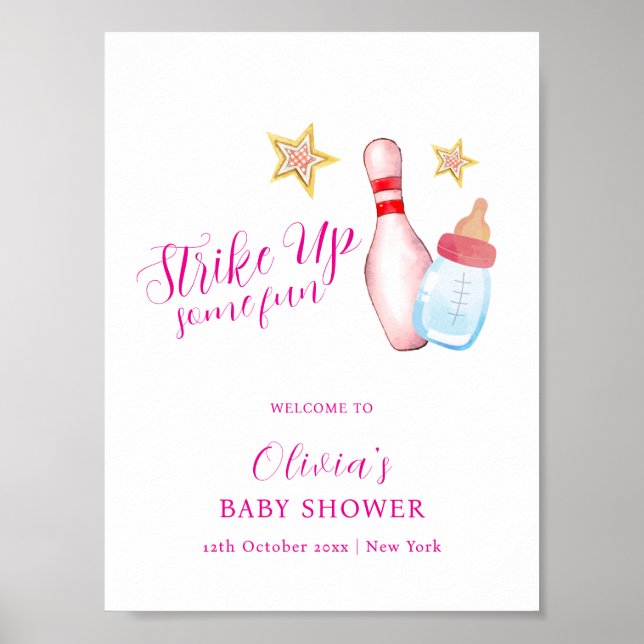 Pink Fun Strike Up Bowling Baby Shower Welcome Poster (Vorne)