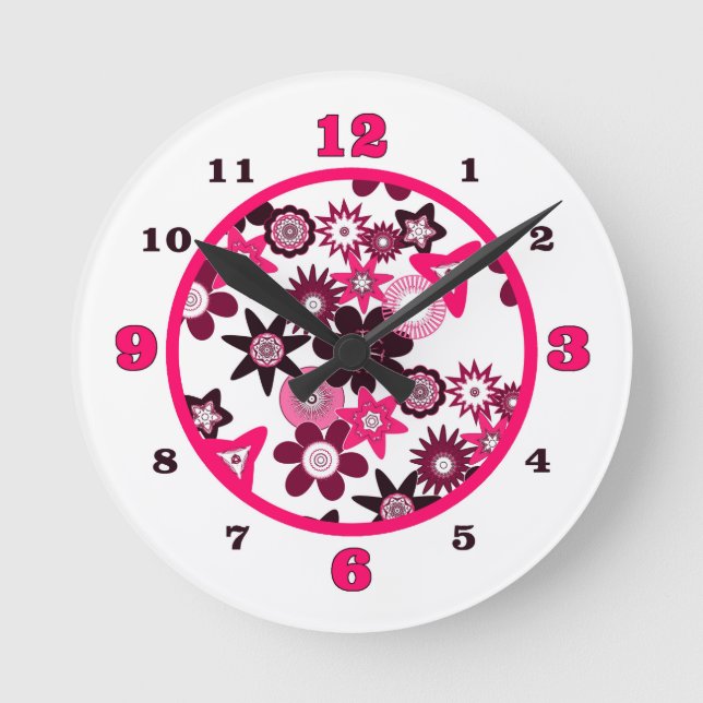 Pink Funky Blume Runde Wanduhr (Vorderseite)