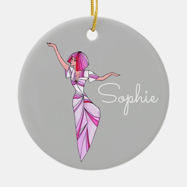 Pink funky tänzerin girl mit rosa haar keramik ornament (Vorne)